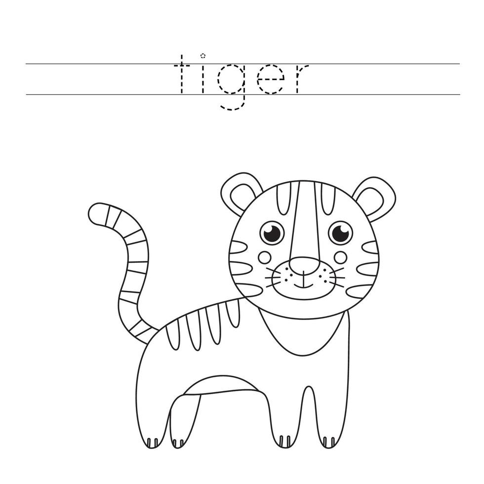 tracciando lettere con tigre carina. pratica di scrittura per bambini. vettore