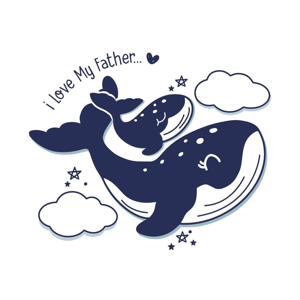 carta di festa del papà con le balene. carino animale papà e bambino. vettore