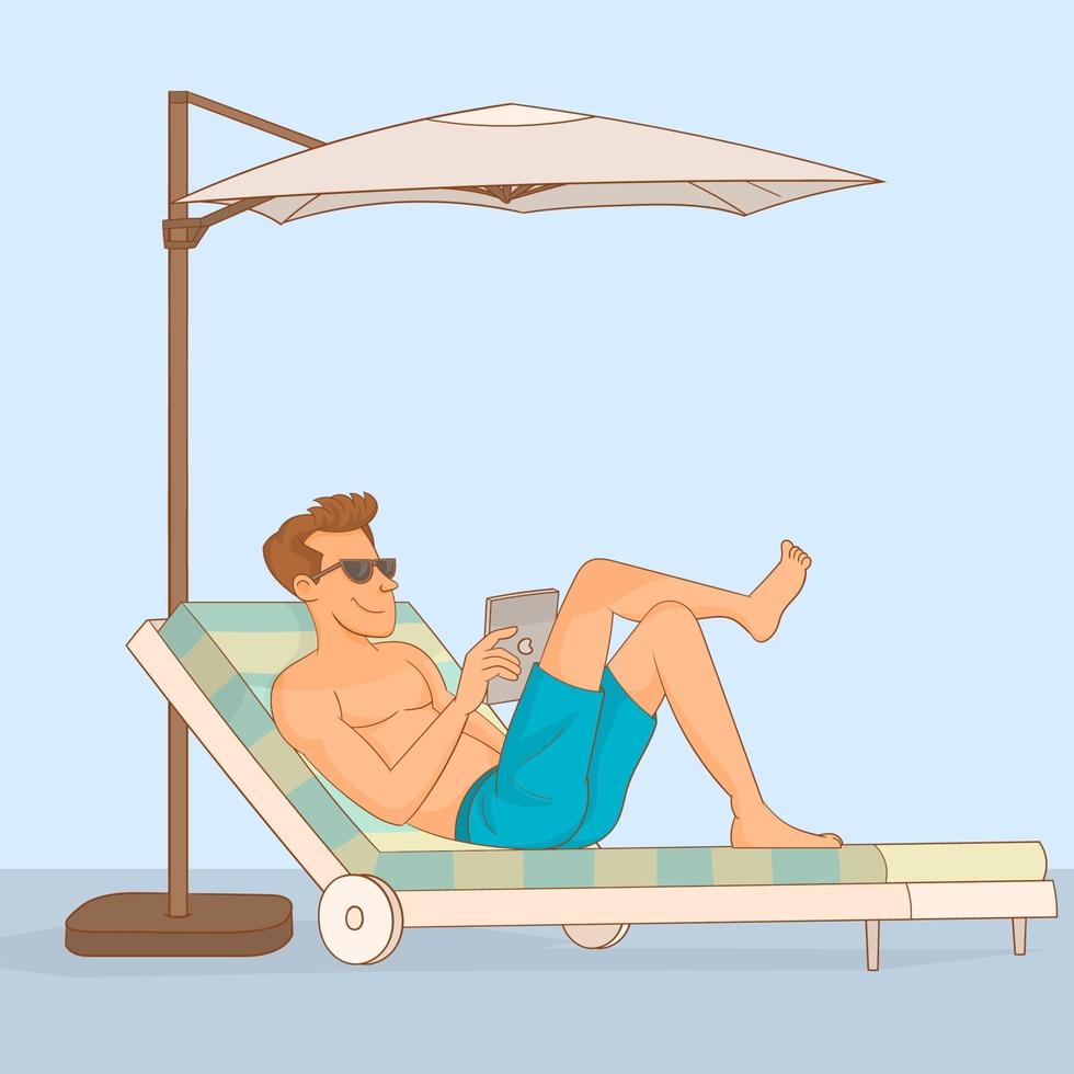 ragazzo con il suo tablet seduto in poltrona godendo le sue vacanze estive vettore
