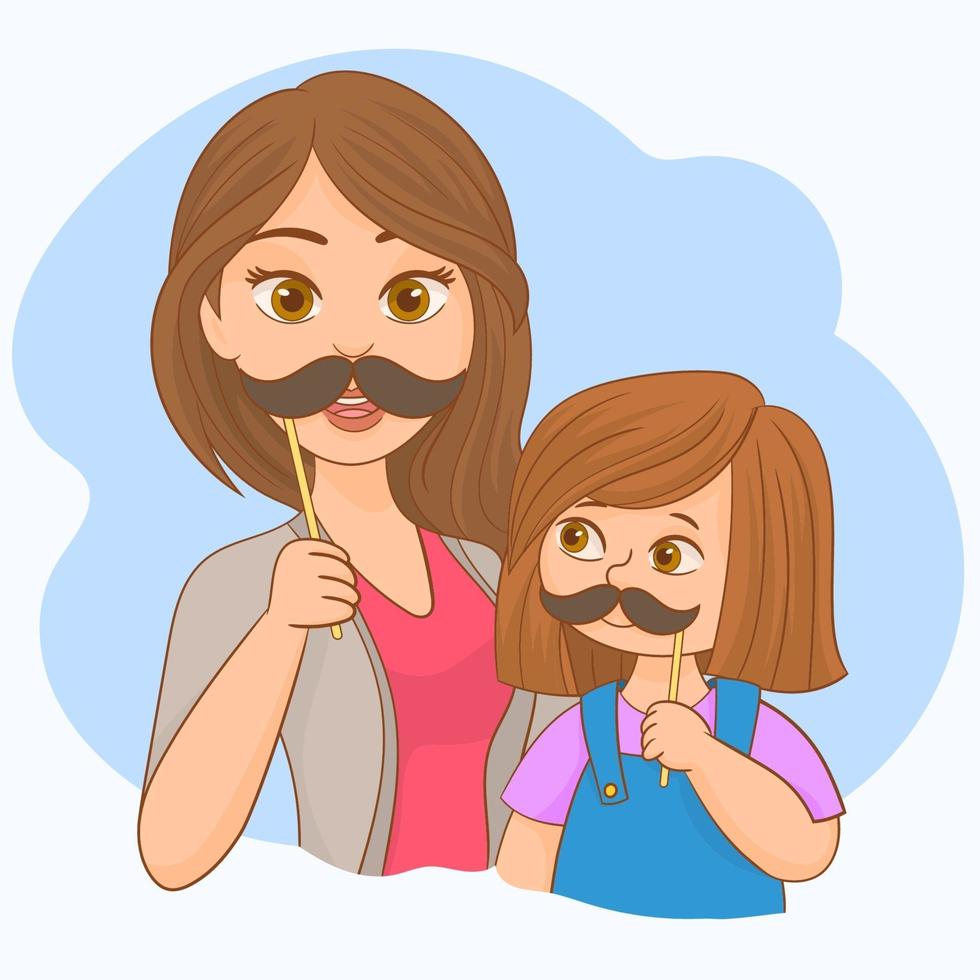 mamma e sua figlia che giocano con i baffi finti vettore