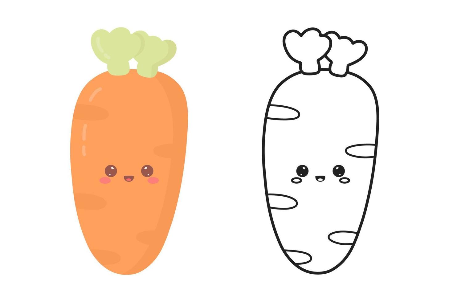 carino kawaii carota. colorazione prenotare, pagina per bambini. vettore verdura con divertente viso nel scarabocchio e piatto stile