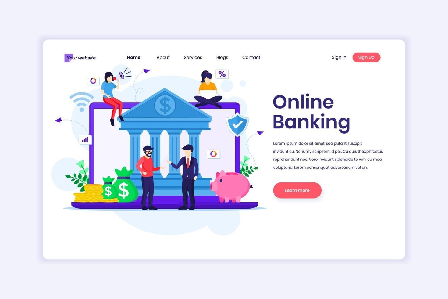 concetto di design della pagina di destinazione del banking online, investimento finanziario online con personaggi. illustrazione vettoriale