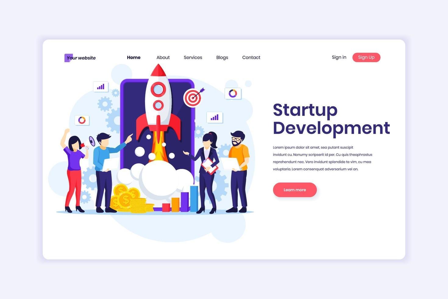concetto di design della pagina di destinazione dello sviluppo di startup aziendali, persone che lavorano su un razzo e uno smartphone gigante. illustrazione vettoriale