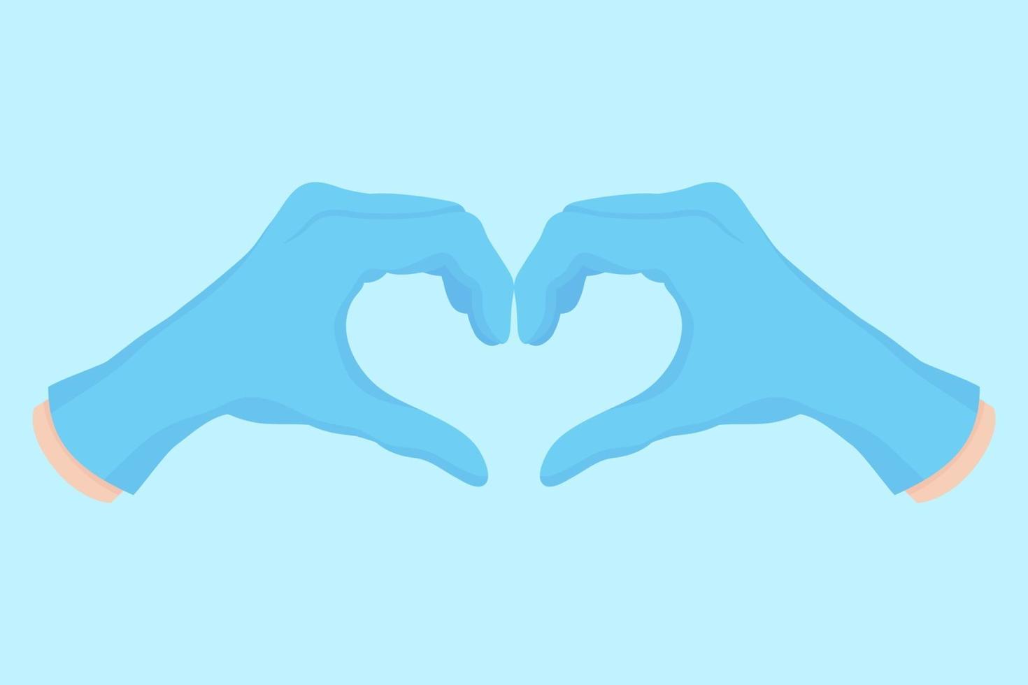 Vector cartoon illustrazione della mano di un medico in guanti blu, a forma di cuore.