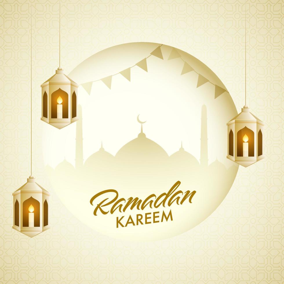 io esso candele dentro Arabo d'oro lanterne, pavese bandiere, e moschea silhouette per islamico santo mese di Ramadan kareem occasione. vettore