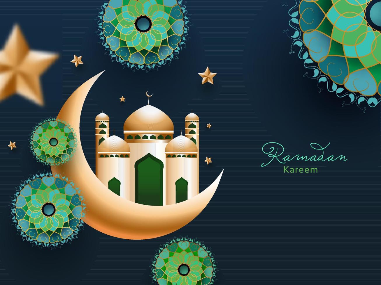 islamico santo mese di Ramadan kareem concetto con d'oro mezzaluna Luna e moschea, squisito floreale modello, e stella su alzavola blu sfondo. vettore