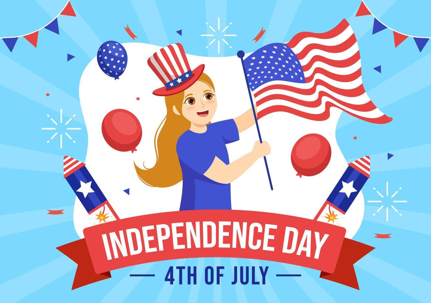 4 ° di luglio indipendenza giorno Stati Uniti d'America vettore illustrazione con americano bandiera e palloncini sfondo nel piatto cartone animato mano disegnato atterraggio pagina modelli