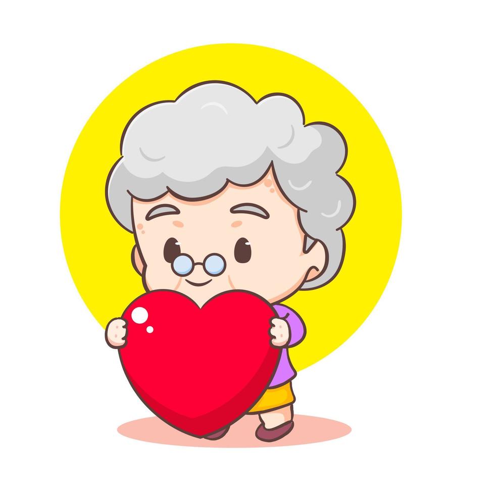 carino nonna cartone animato personaggio Tenere grande amore. persone concetto design. piatto adorabile chibi vettore illustrazione. isolato bianca sfondo