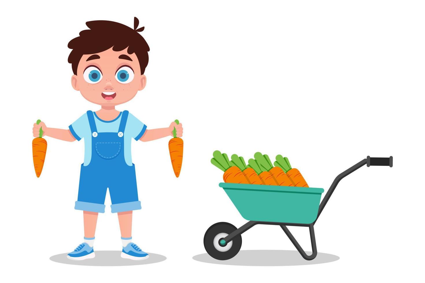 un' bambino con un' raccogliere di carote, detiene carote nel il suo mani vettore