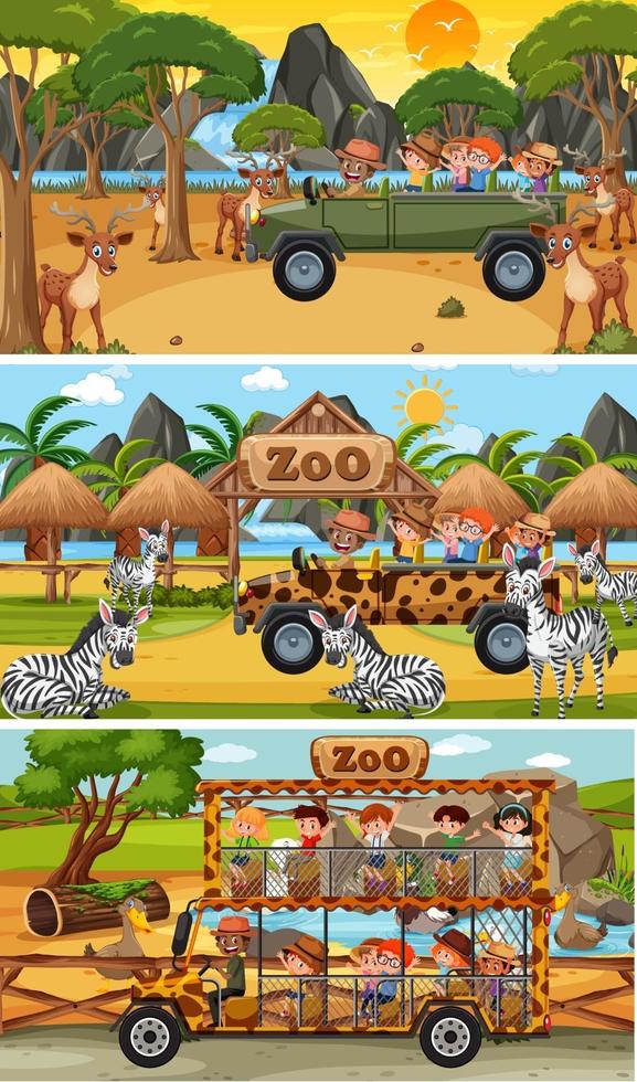 set di diverse scene orizzontali di safari con animali e personaggi dei cartoni animati per bambini vettore