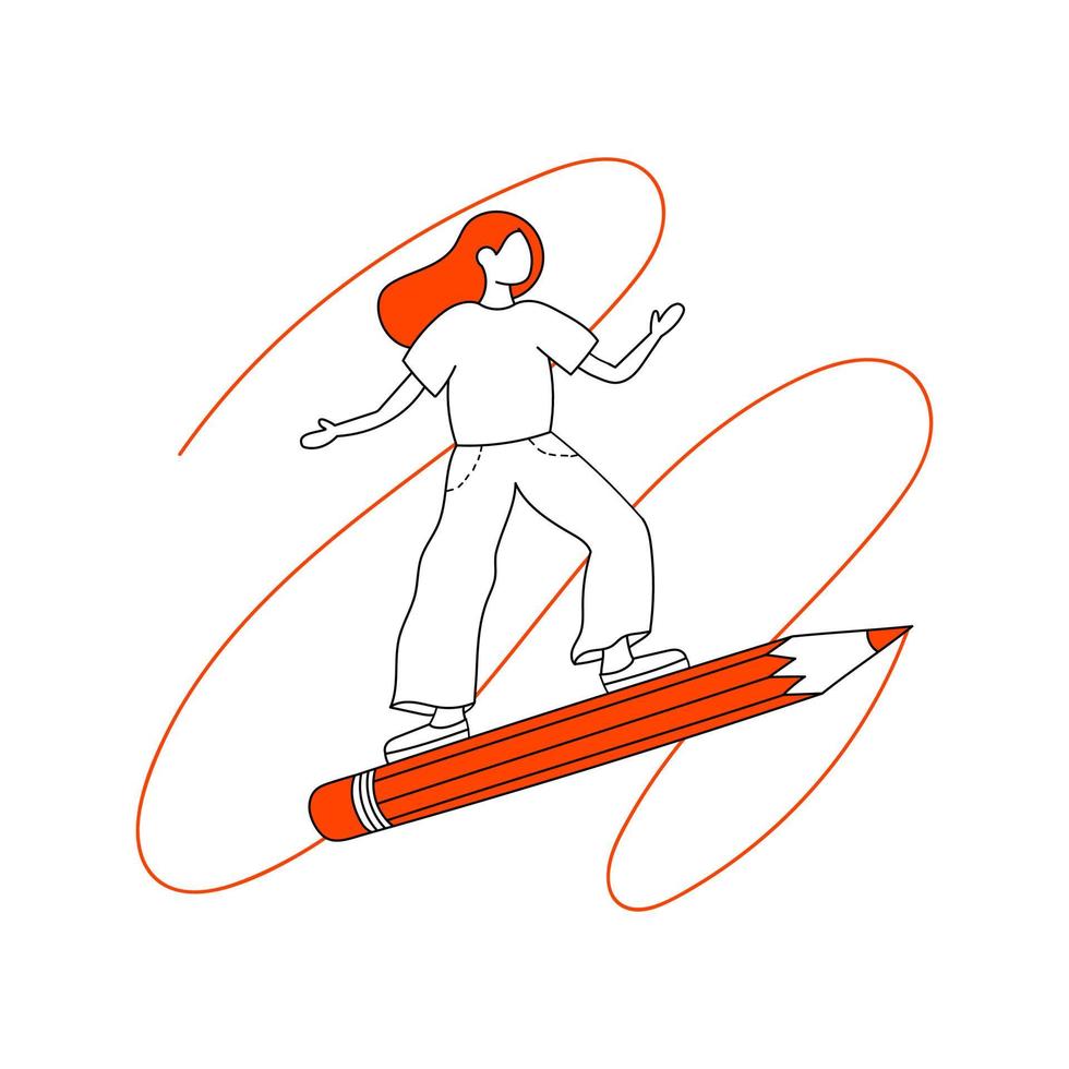 vettore disegno di un' ragazza isolato su un' bianca sfondo. il alunno mosche su un' enorme matita.