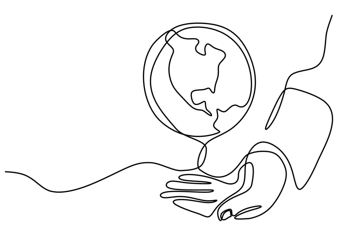 continuo un disegno a tratteggio delle mani che tengono il globo terrestre isolato su sfondo bianco. tema della giornata della terra. una mano umana che tiene il disegno di schizzo disegnato a mano di contorno del pianeta terra del mondo. illustrazione vettoriale