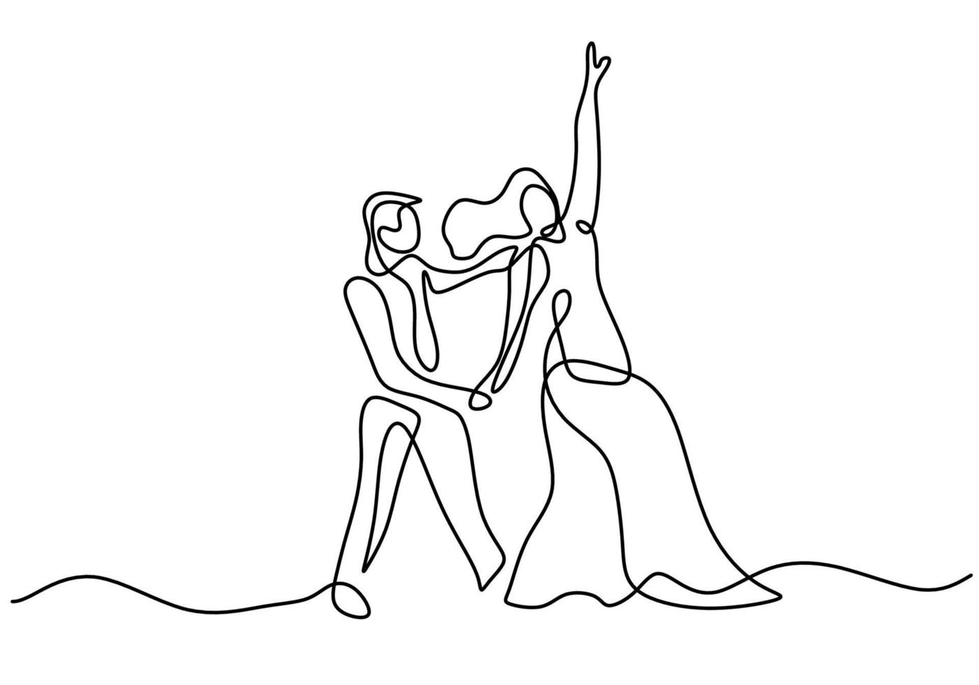 disegno continuo di una linea di ballo di coppia isolato su priorità bassa bianca. uomo con smoking e donna con abito elegante facendo un design minimalista danzante romantico. illustrazione di schizzo di vettore