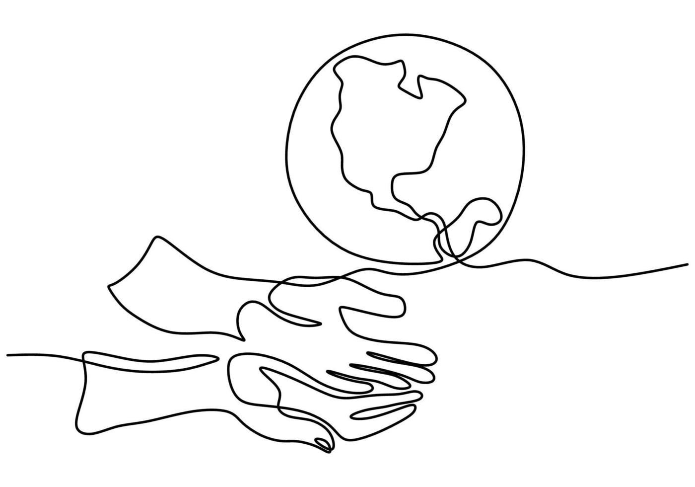 continuo un disegno a tratteggio delle mani che tengono il globo terrestre isolato su sfondo bianco. tema della giornata della terra. una mano umana che tiene il disegno di schizzo disegnato a mano di contorno del pianeta terra del mondo. illustrazione vettoriale