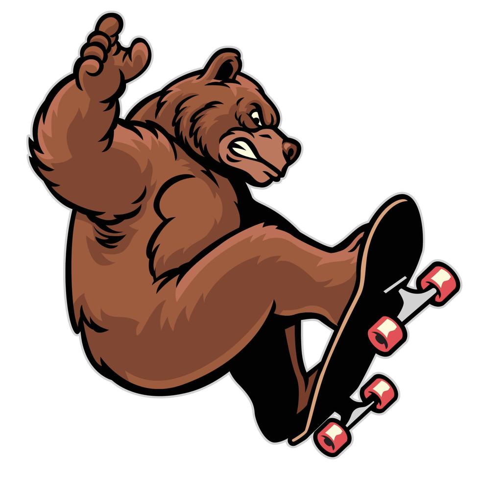cartone animato grizzly birra giocando skateboard vettore