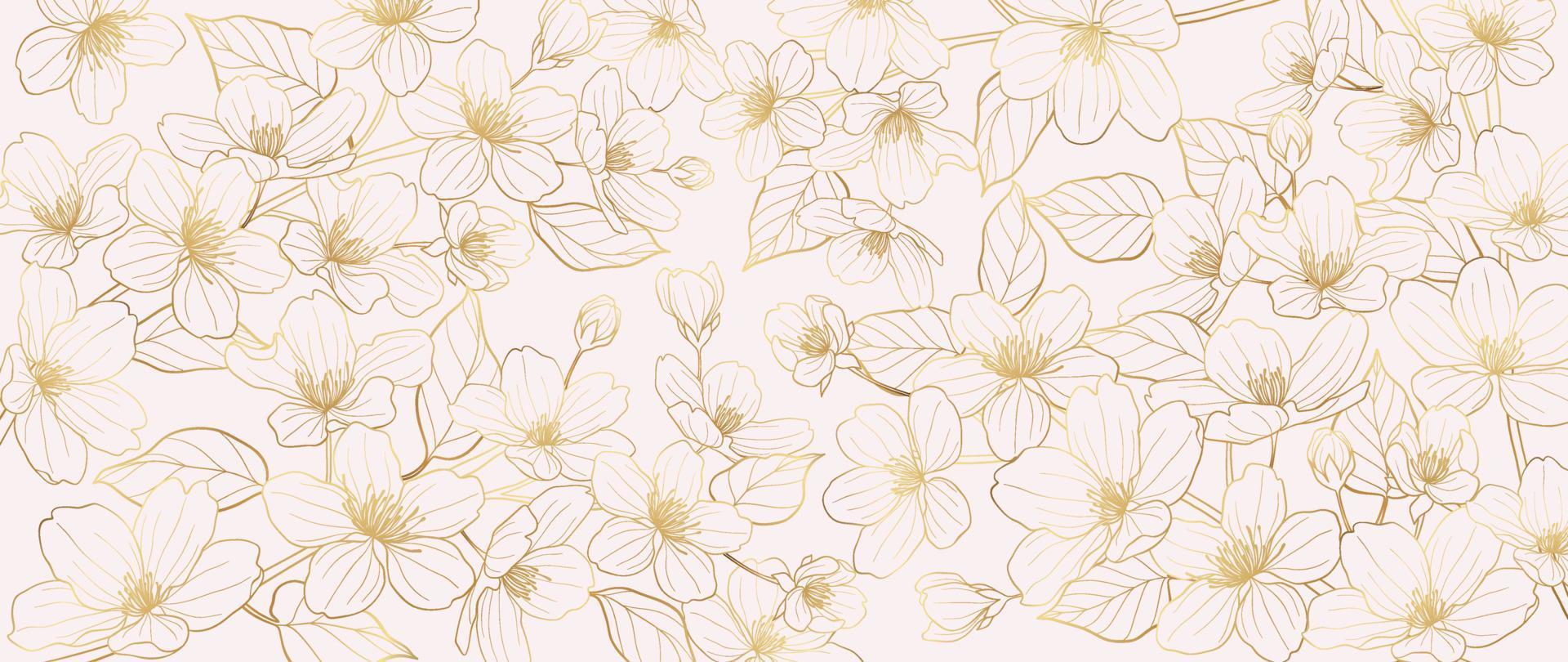 lusso oro ciliegia fiorire linea arte sfondo vettore. naturale botanico elegante fiore con oro linea arte. design illustrazione per decorazione, parete arredamento, sfondo, coperchio, striscione, manifesto, carta. vettore