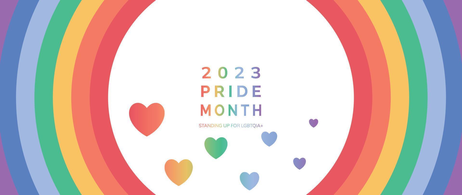contento orgoglio mese sfondo. LGBTQ Comunità simboli con arcobaleno, cuore, pendenza cuore brillare. design per celebrazione contro violenza, bisessuale, transgender, Genere uguaglianza, diritti concetto. vettore