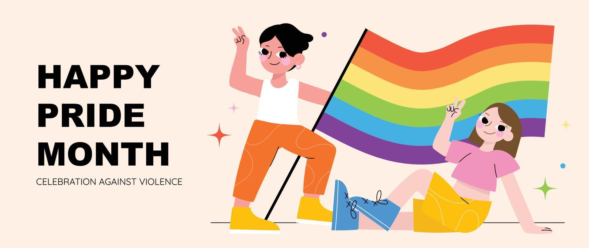 contento orgoglio mese sfondo. LGBTQ Comunità simboli con uomo e donna, arcobaleno bandiera. supporto design per celebrazione contro violenza, bisessuale, transgender, Genere uguaglianza, diritti concetto. vettore