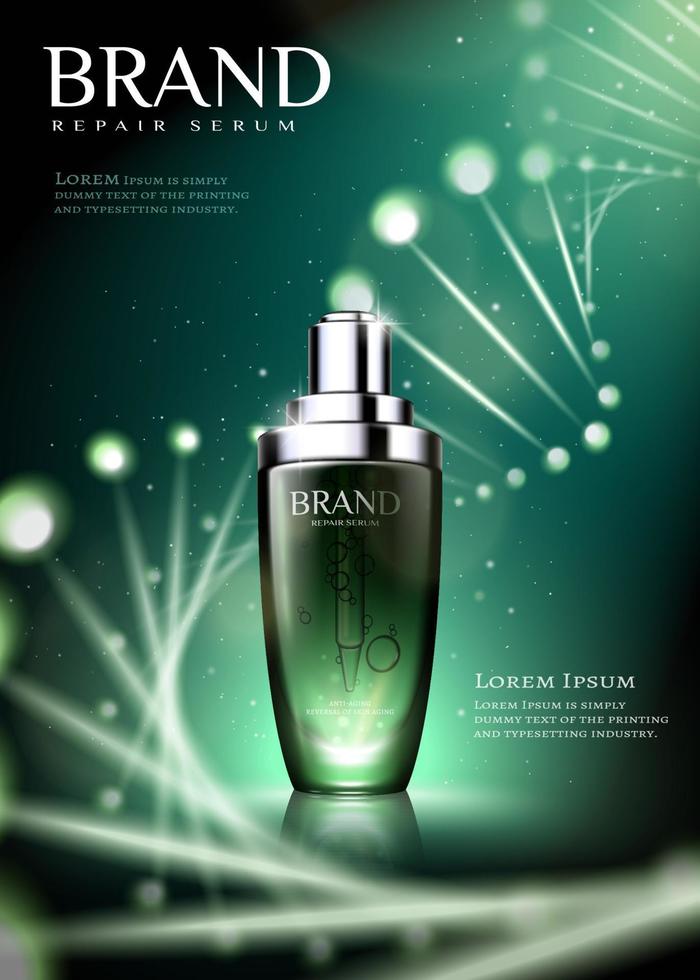 verde tono cura della pelle gocciolina bottiglia Annunci con raggiante gene elica effetto nel 3d illustrazione vettore