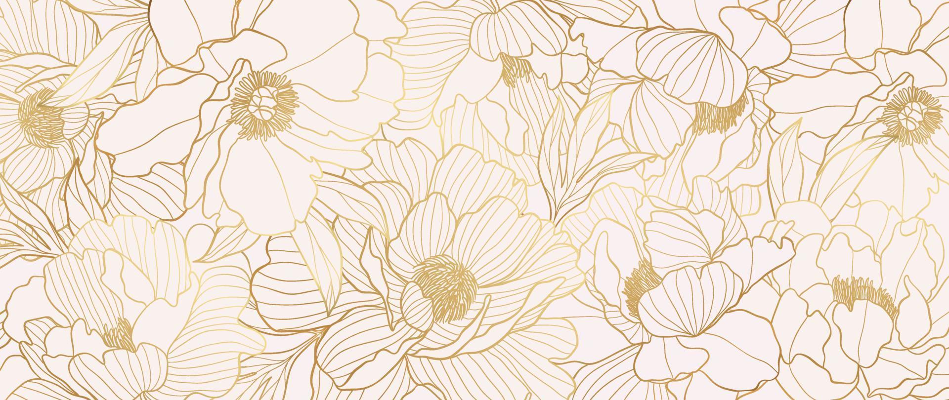 lusso oro peonia fiore linea arte sfondo vettore. naturale botanico elegante fiore con oro linea arte. design illustrazione per decorazione, parete arredamento, sfondo, coperchio, striscione, manifesto, carta. vettore