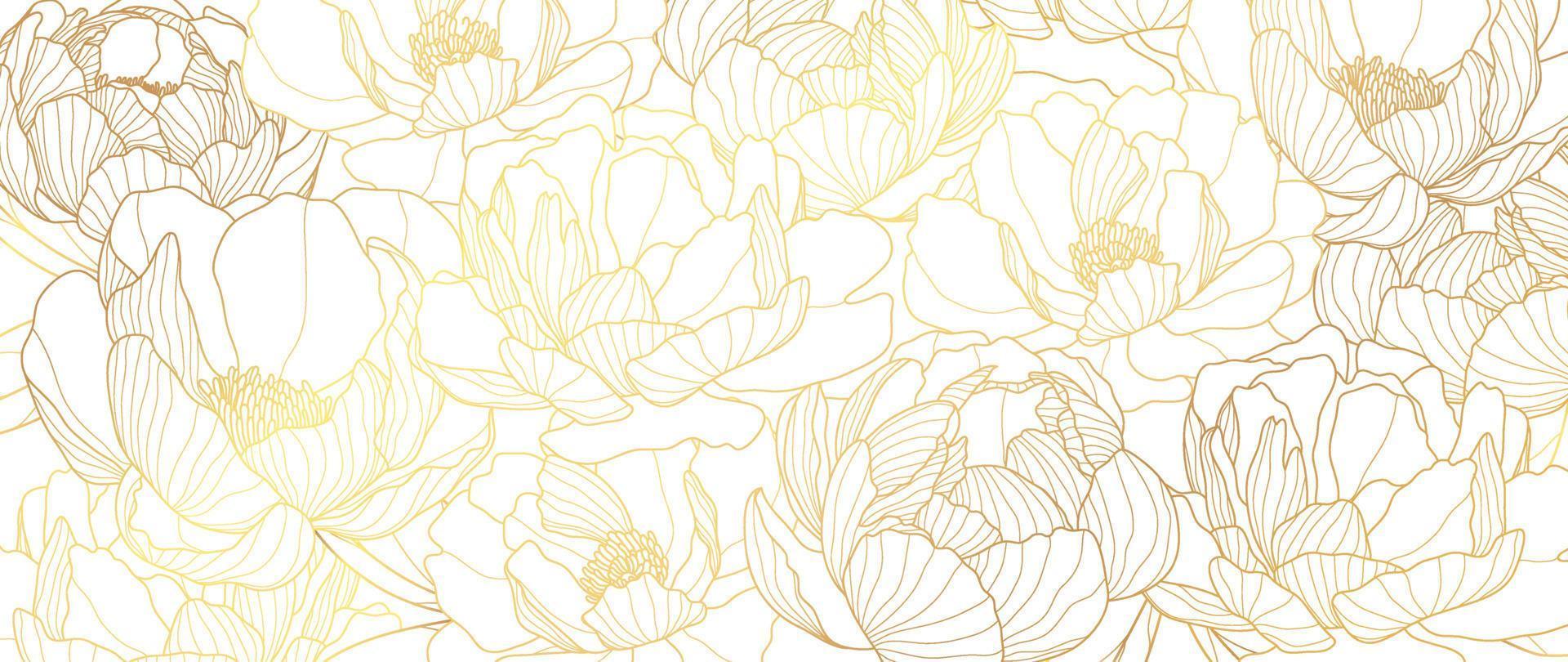 lusso oro peonia fiore linea arte sfondo vettore. naturale botanico elegante fiore con oro linea arte. design illustrazione per decorazione, parete arredamento, sfondo, coperchio, striscione, manifesto, carta. vettore