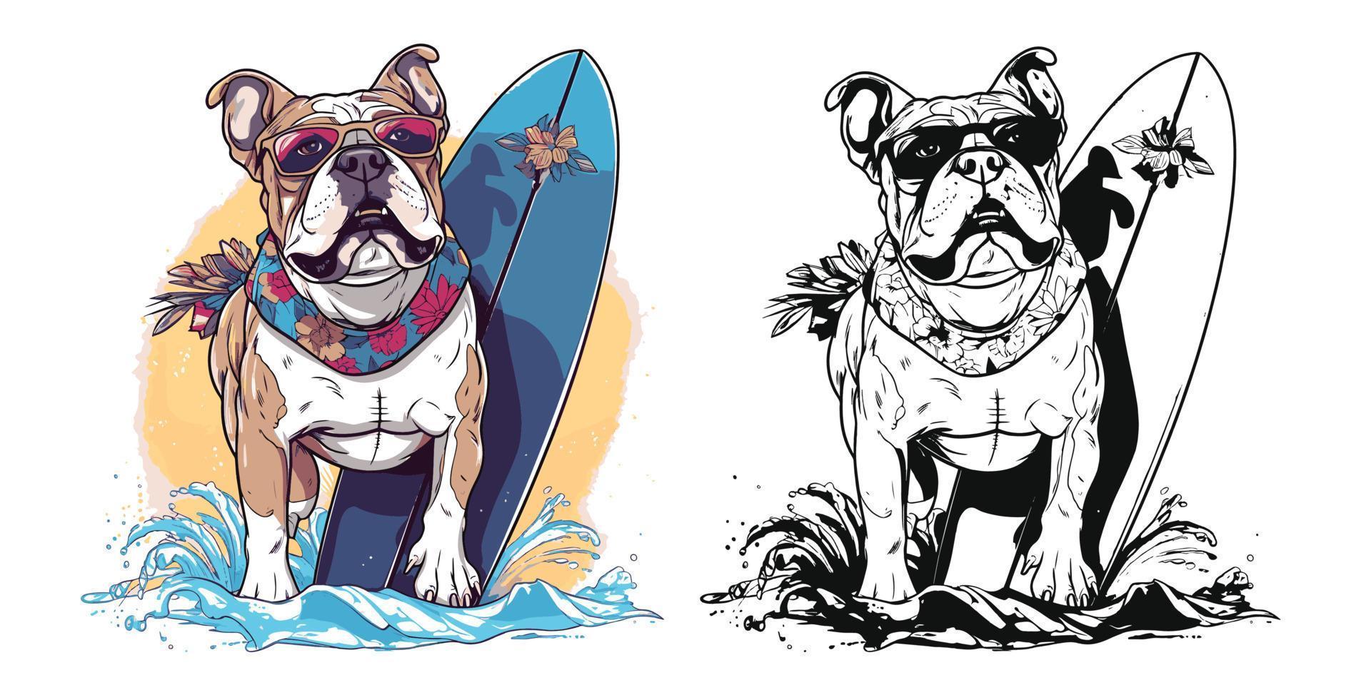 un' spiaggia amorevole bulldog attraente alcuni onde su un' tavola da surf.illustrazione di maglietta design vettore