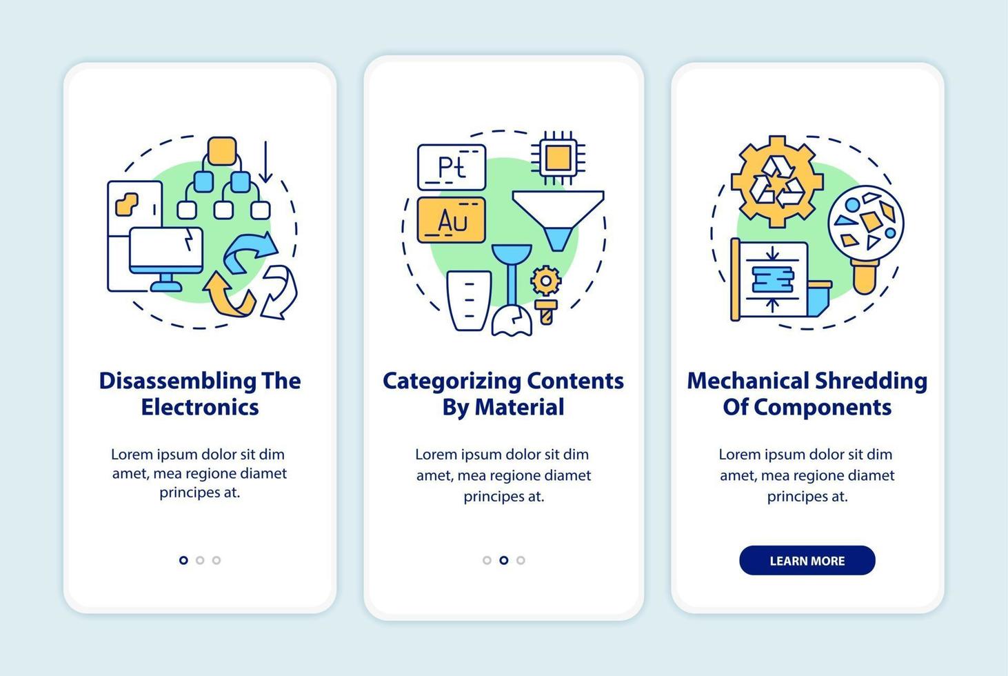 passaggi di riciclaggio dei rifiuti elettronici onboarding schermata della pagina dell'app mobile con concetti vettore