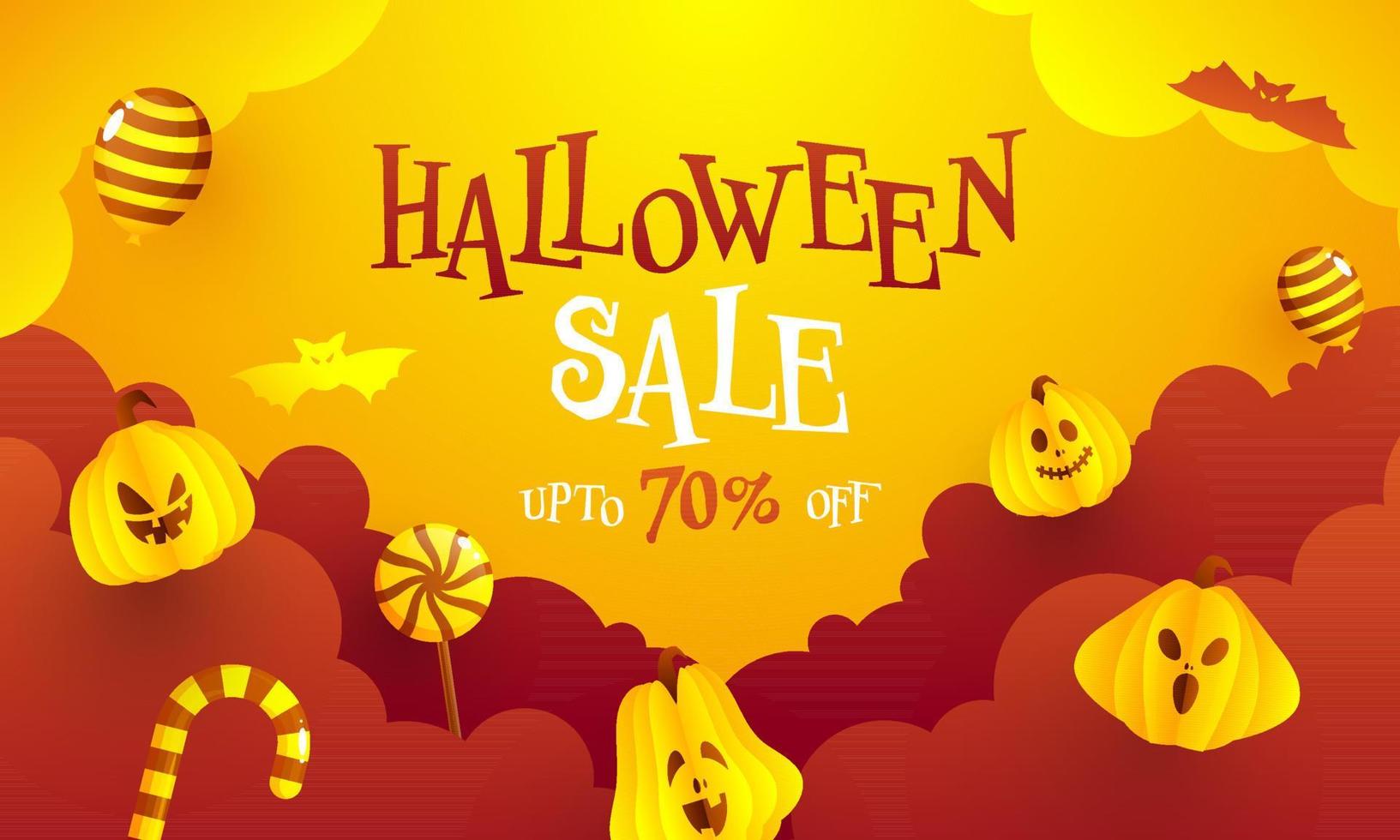 Halloween vendita bandiera design con sconto offerta, carta jack-o-lantern, palloncini, caramelle su nuvole pendenza rosso e giallo sfondo. vettore