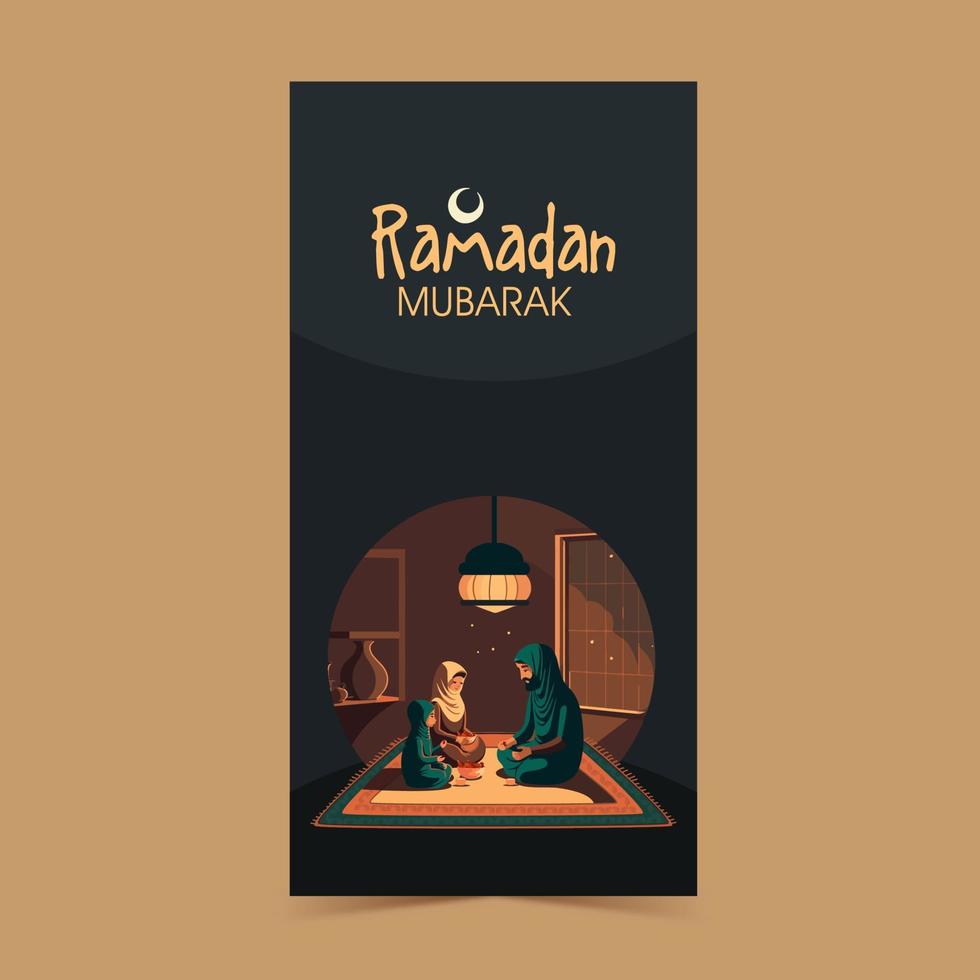 Ramadan mubarak verticale bandiera design con musulmano famiglia mangiare date frutta a casa e illuminato soffitto lampada. vettore