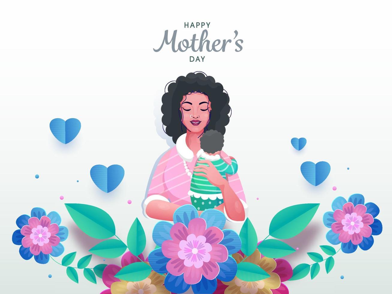 bellissimo contento La madre di giorno vettore illustrazione con un' giovane madre abbracciato sua infantile su colorato fiori decorato sfondo.