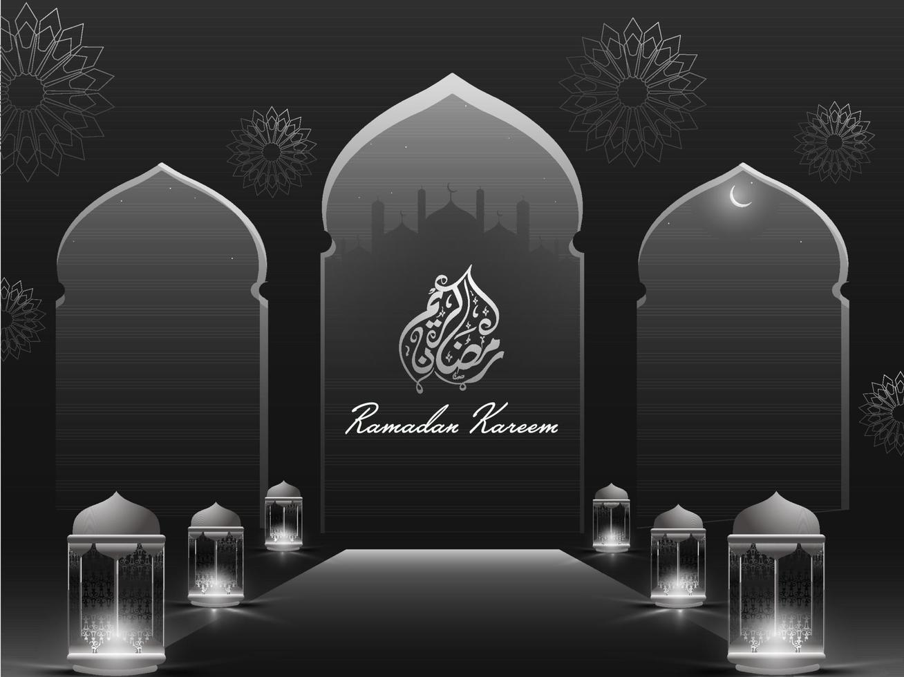 Arabo islamico calligrafico testo Ramadan kareem, illuminato lanterne, notte sfondo. islamico santo mese di preghiere concetto. vettore