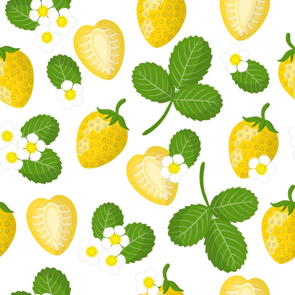 Vector cartoon seamless pattern con fragole gialle frutta esotica, fiori e foglie su sfondo bianco