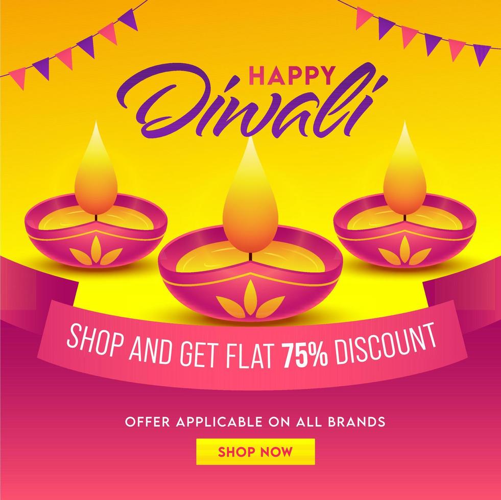 contento Diwali vendita manifesto design con sconto offrire e illuminato olio lampade su giallo e rosa sfondo. vettore