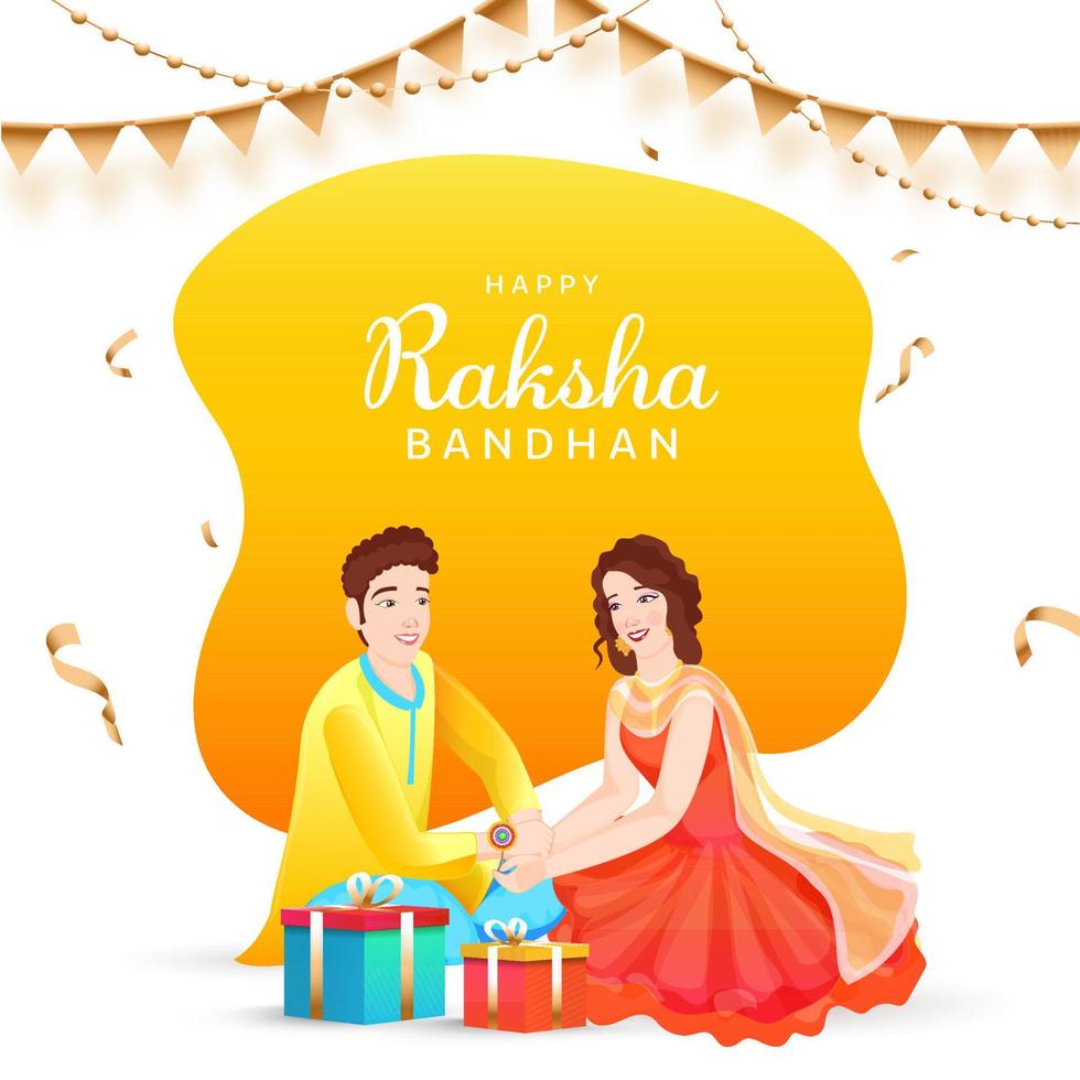 contento Raksha bandhan concetto con bellissimo giovane ragazza legatura rakhi su sua fratelli polso e regalo scatole. vettore