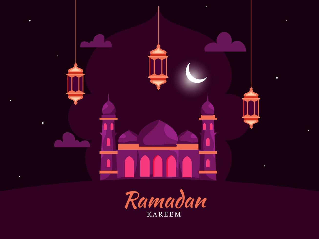 islamico santo mese di Ramadan concetto con sospeso lanterne con moschea e mezzaluna Luna. vettore