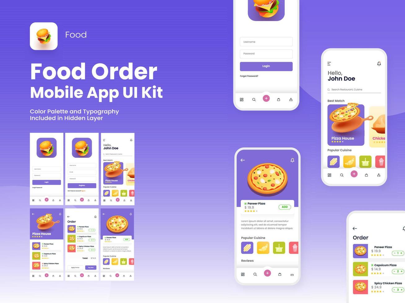 cibo ordine mobile App ui kit Compreso Accedere, Registrati, cibo menù, prenotazione e servizio genere revisione schermi. vettore