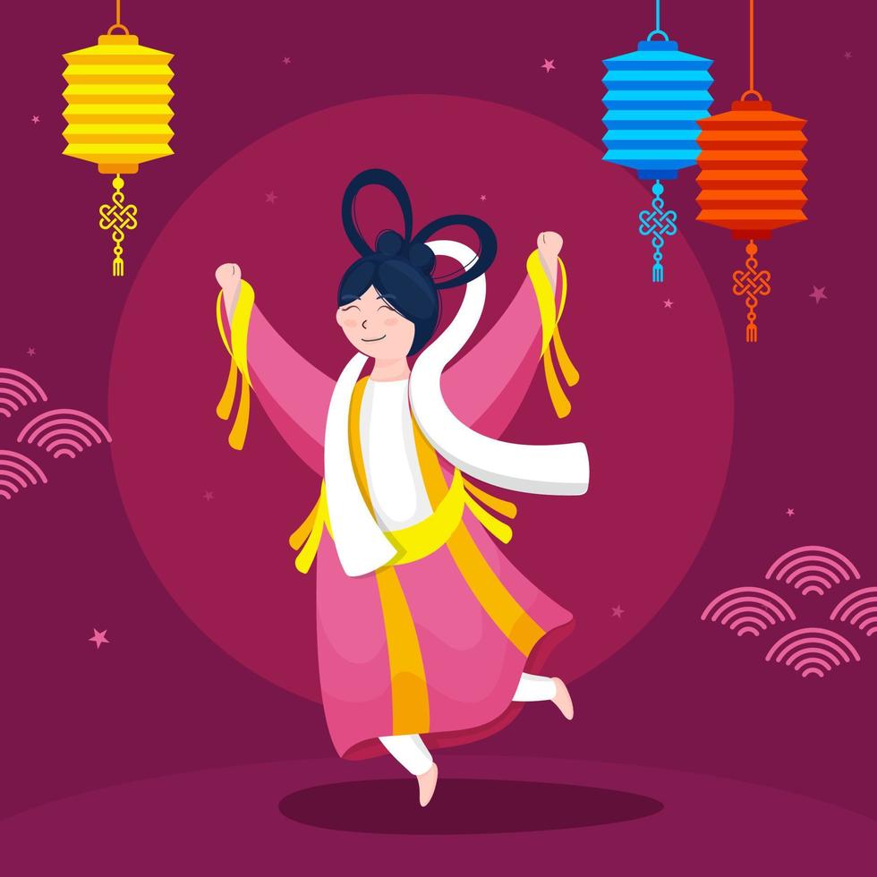 Cinese dea personaggio nel danza o salto posa con sospeso colorato lanterne su buio rosa sfondo. vettore