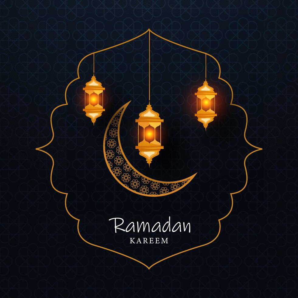 islamico santo mese di Ramadan kareem con d'oro illuminato lanterne e mezzaluna Luna su alzavola blu sfondo. vettore