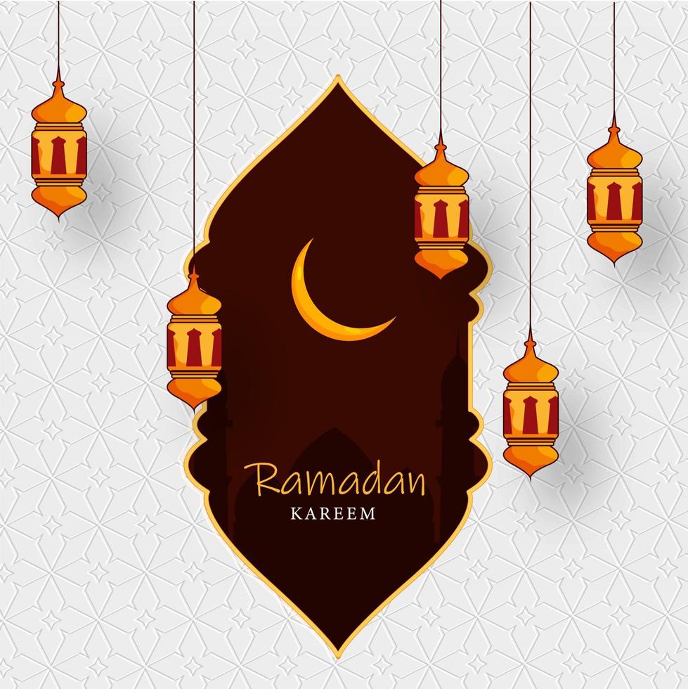 islamico santo mese di Ramadan concetto con sospeso illuminante lanterne, e mezzaluna Luna, moschea silhouette su strutturato sfondo. vettore