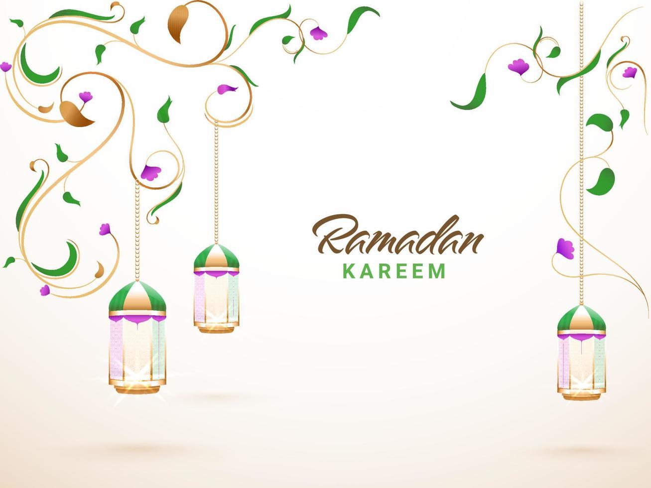 islamico santo mese di Ramadan kareem concetto con sospeso lanterne e colorato floreale. vettore