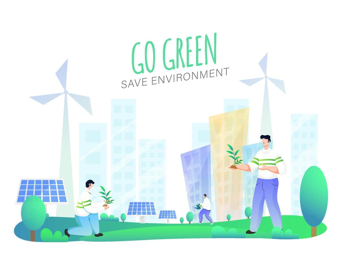 illustrazione di persone giardinaggio con solare pannelli, mulini a vento e edifici su natura sfondo per partire verde Salva ambiente concetto. vettore