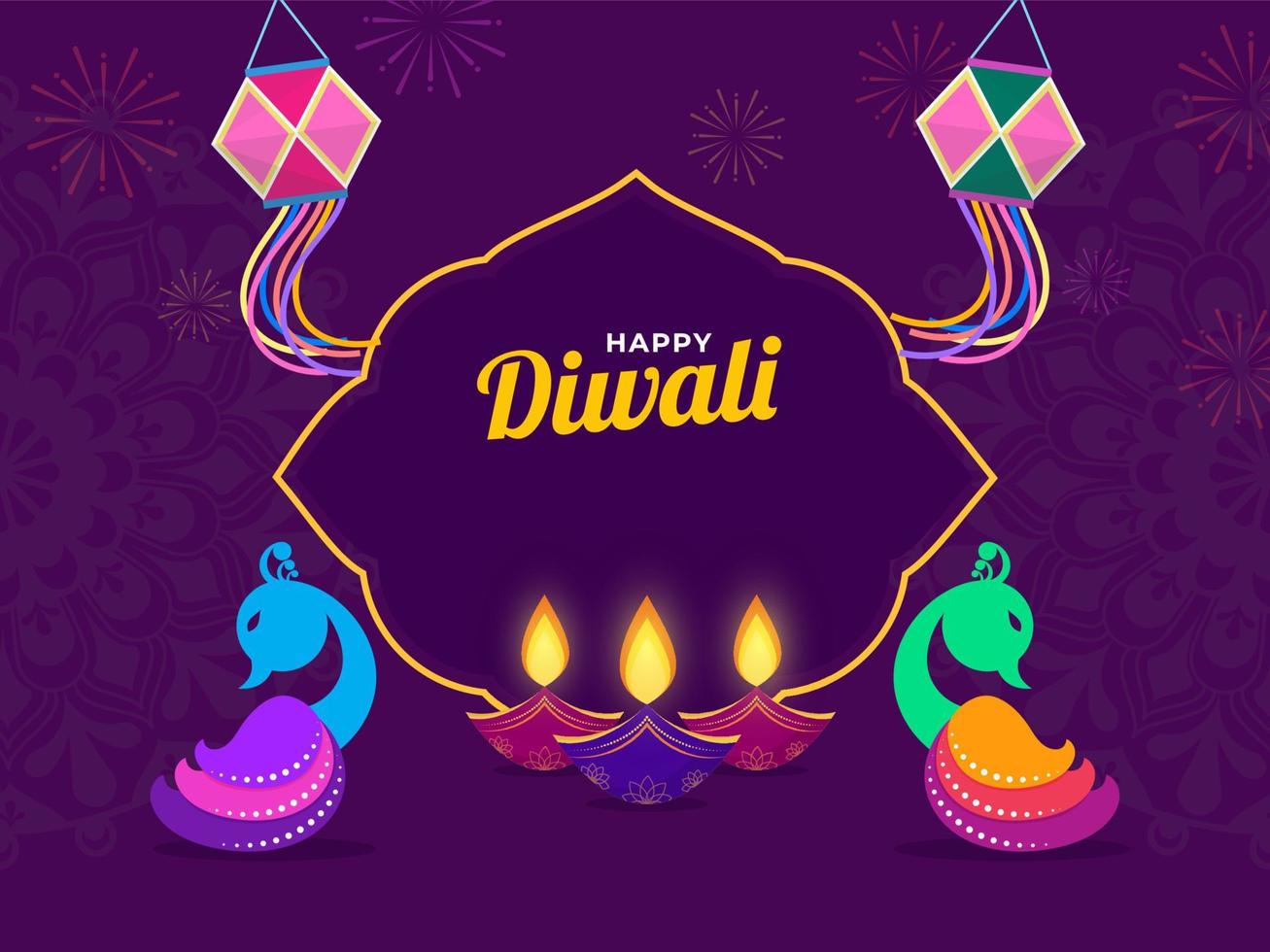 viola mandala modello sfondo decorato con sospeso kandil, illuminato olio lampade e pavoni per contento Diwali celebrazione. vettore