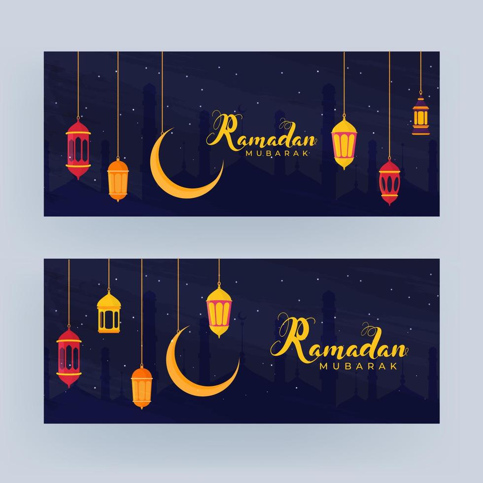 islamico santo mese di Ramadan banner con sospeso colorato lanterne, e d'oro mezzaluna Luna. vettore