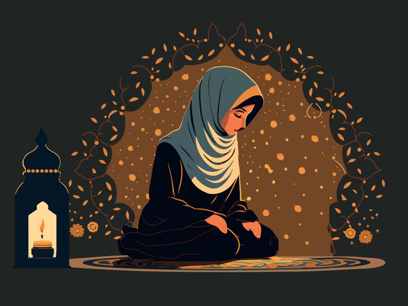 musulmano giovane donna personaggio offerta namaz a stuoia e illuminato lampada su floreale motivo sfondo con copia spazio. islamico religioso concetto. vettore