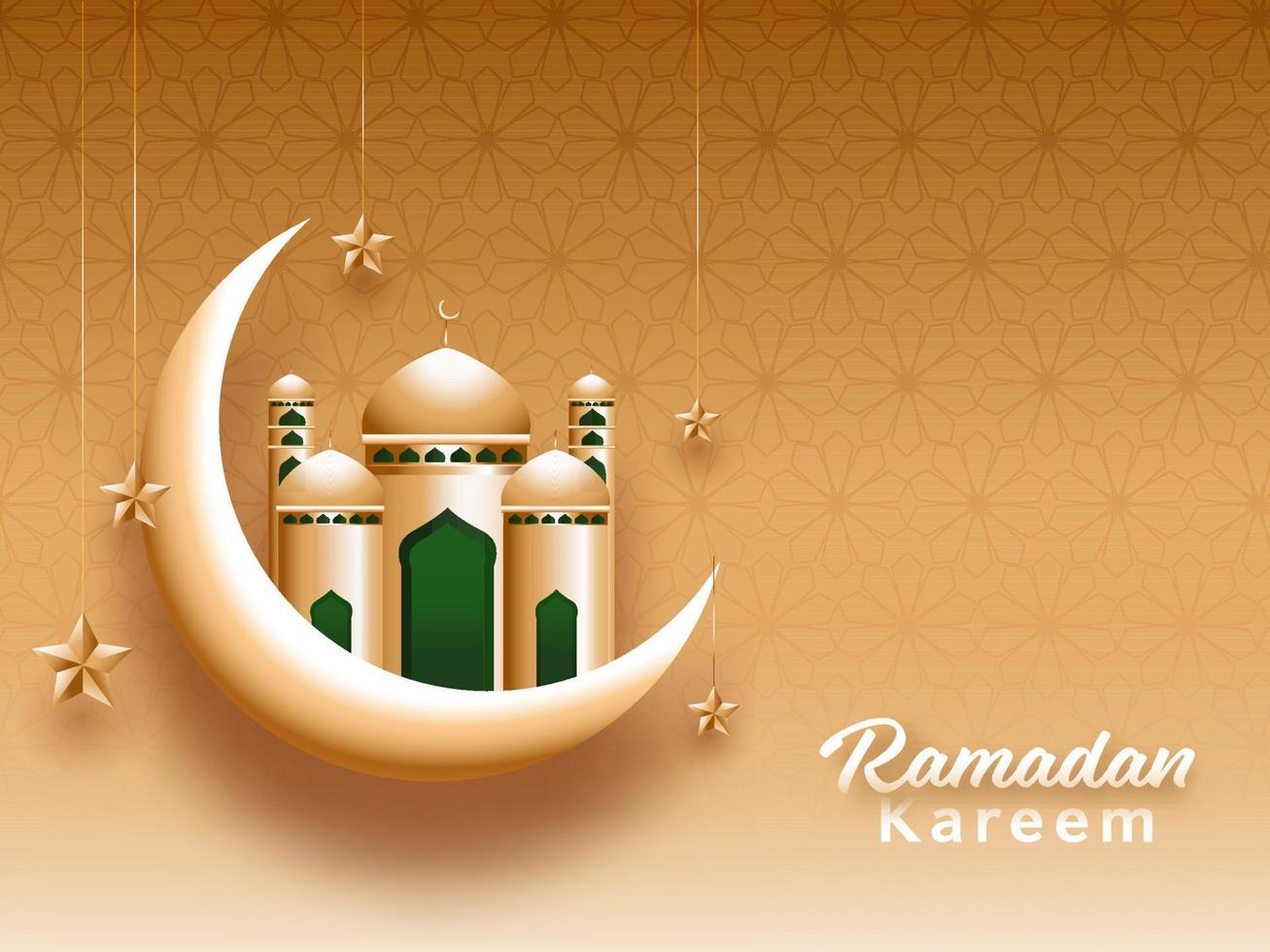 bellissimo d'oro moschea e mezzaluna Luna, e sospeso stelle su Marrone sfondo per islamico santo mese di Ramadan kareem. vettore