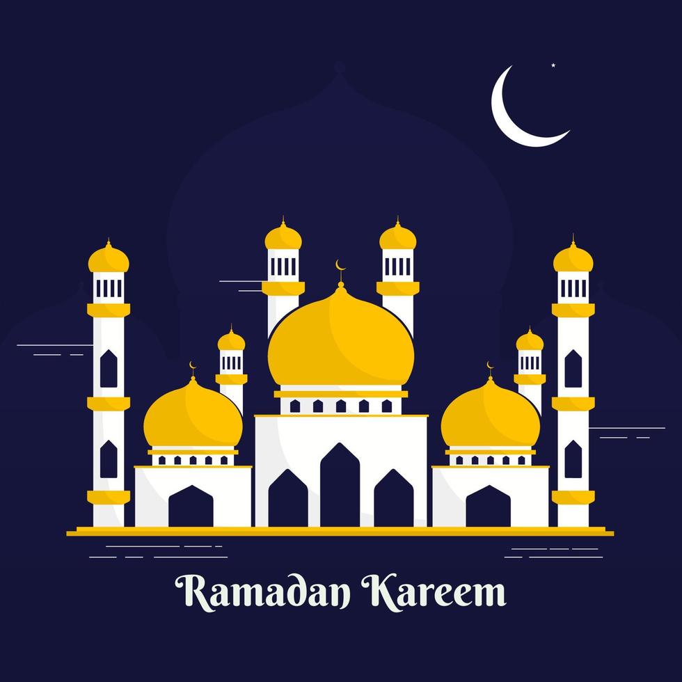 islamico santo mese di Ramadan kareem con colorato moschea, mezzaluna Luna su blu sfondo. vettore