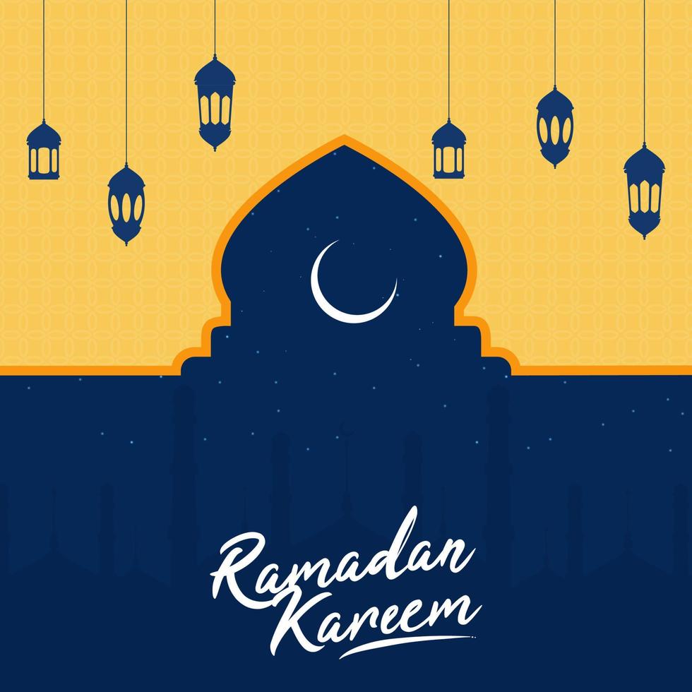 islamico santo mese di Ramadan kareem concetto con sospeso lanterne, moschea silhouette su giallo e blu sfondo. vettore