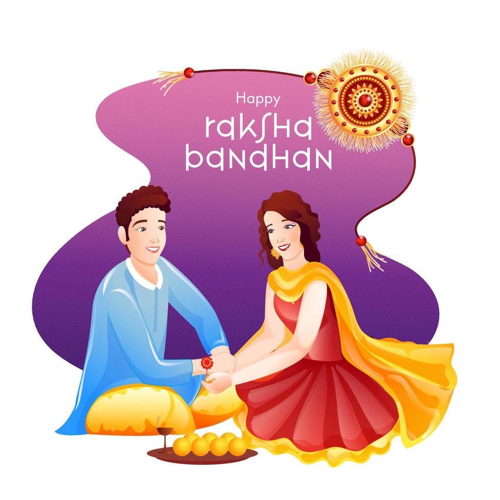 bellissimo giovane ragazza legatura rakhi su sua fratelli polso per contento Raksha bandhan celebrazione. vettore