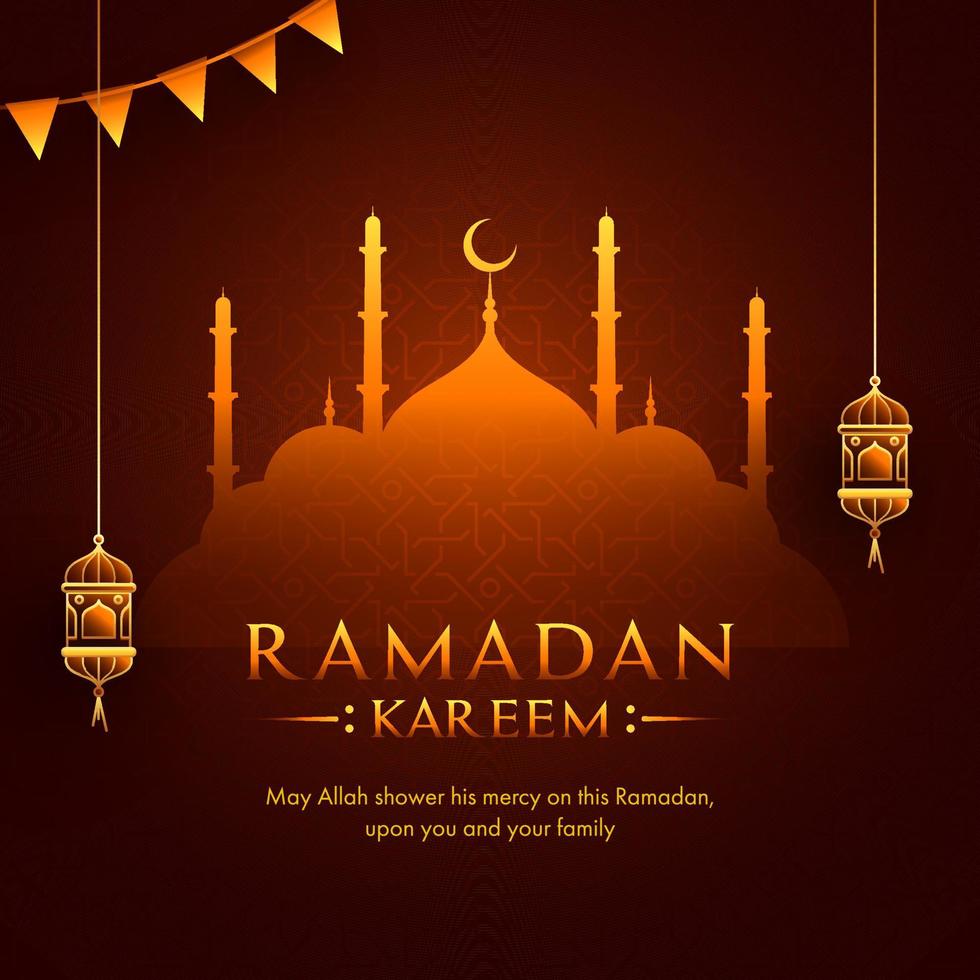 islamico santo mese di Ramadan concetto con moschea e sospeso lanterne su marrone sfondo. vettore