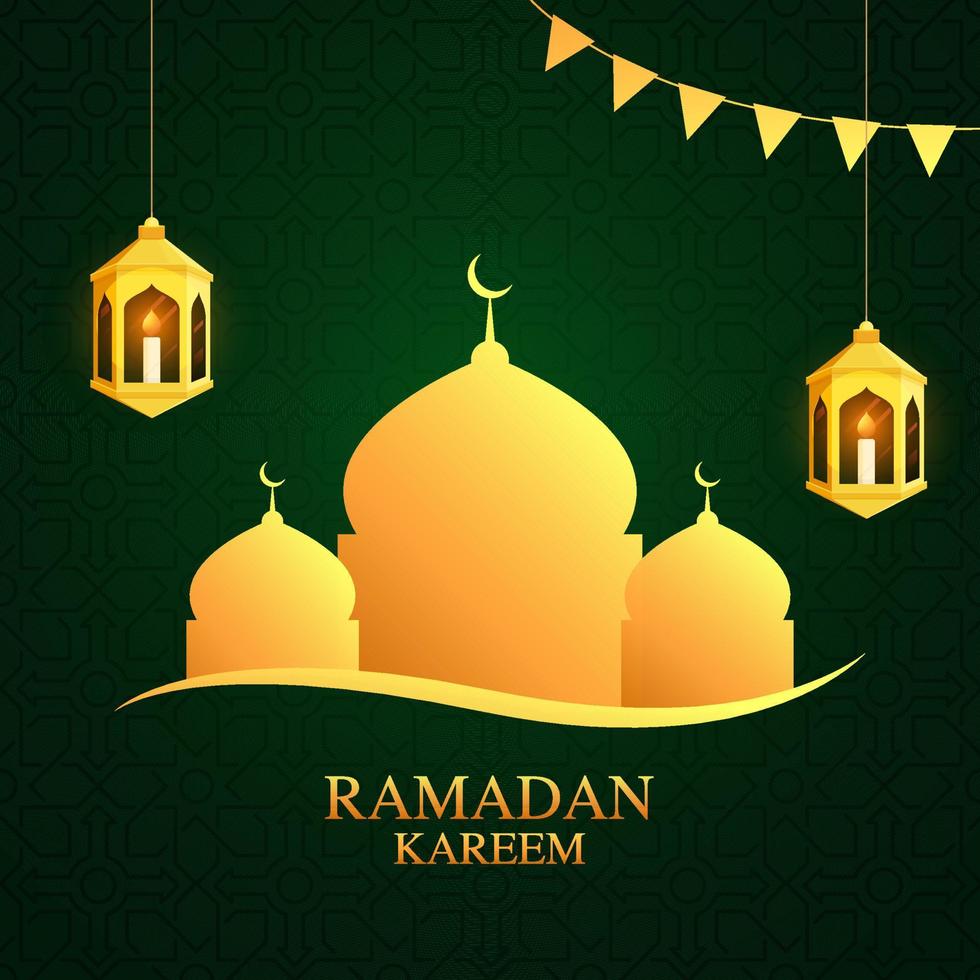 io esso candele dentro Arabo d'oro lanterne, e d'oro moschea tomba su verde sfondo per islamico santo mese di Ramadan kareem occasione. vettore